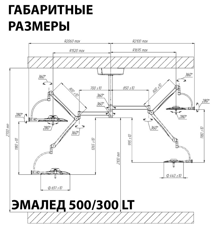 Светильник хирургический потолочный двухблочный «ЭМАЛЕД 500/300 LT» - Габаритные размеры Светильник хирургический потолочный двухблочный «ЭМАЛЕД 500/300 LT» - Габаритные размеры