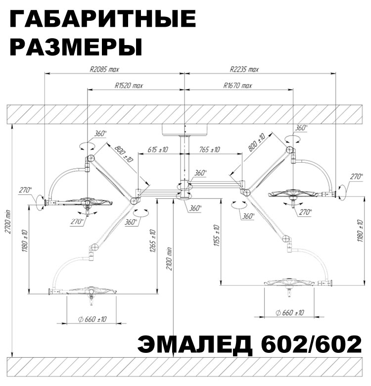 Светильник операционный потолочный двухкупольный «ЭМАЛЕД 602/602» с видеокамерой HD - Габаритные размеры