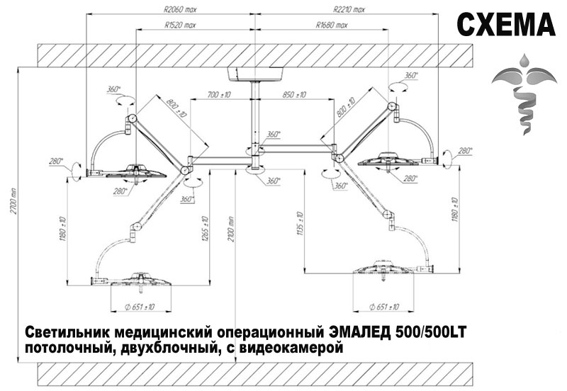 Светильник медицинский операционный ЭМАЛЕД 500/500LT потолочный, двухблочный, с видеокамерой - Схема Светильник медицинский операционный ЭМАЛЕД 500/500LT потолочный, двухблочный, с видеокамерой - Схема
