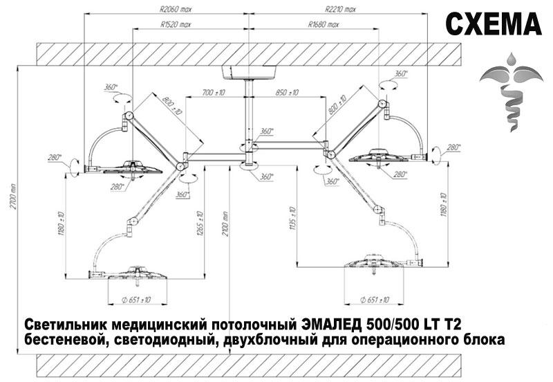 Светильник медицинский потолочный ЭМАЛЕД 500/500 LT T2 бестеневой, светодиодный, двухблочный для операционного блока - Схема Светильник медицинский потолочный ЭМАЛЕД 500/500 LT T2 бестеневой, светодиодный, двухблочный для операционного блока - Схема